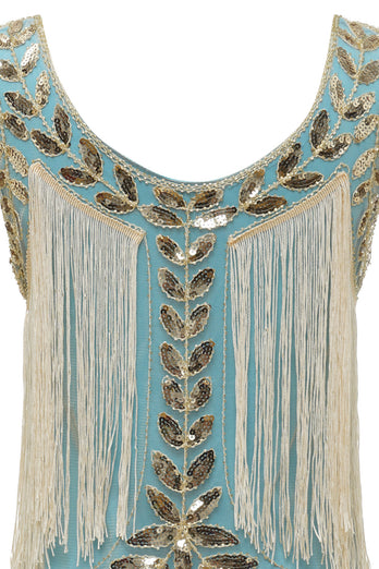 Dunkelgrünes Gatsby Kleid aus den 1920er Jahren mit Pailletten und Fransen