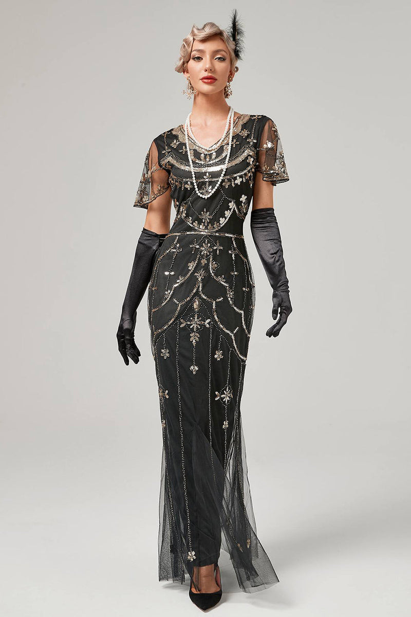 Laden Sie das Bild in den Galerie-Viewer, Langes Klappenkleid mit roten Pailletten aus den 1920er Jahren