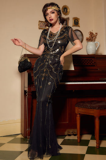 Pailletten Dunkelgrün Langes Kleid aus den 1920er Jahren