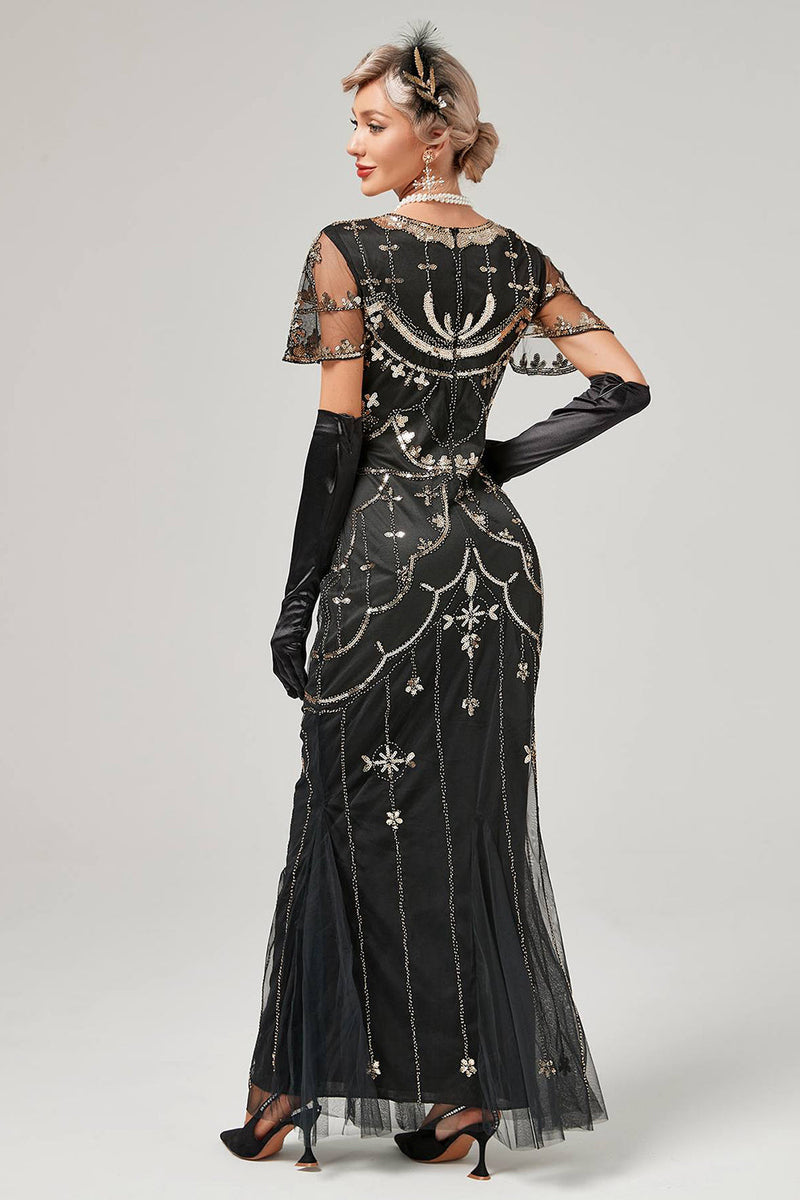 Laden Sie das Bild in den Galerie-Viewer, Langes Klappenkleid mit roten Pailletten aus den 1920er Jahren