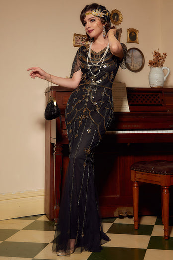 Pailletten Dunkelgrün Langes Kleid aus den 1920er Jahren