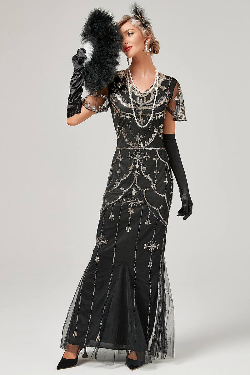 Laden Sie das Bild in den Galerie-Viewer, Langes Klappenkleid mit roten Pailletten aus den 1920er Jahren
