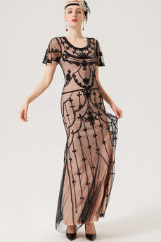 Schwarz-rosafarbenes 1920er Jahre Paillettenkleid