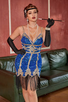 Laden Sie das Bild in den Galerie-Viewer, Royal Blue Pailletten Short Gatsby 1920er Jahre Kleid mit Fransen