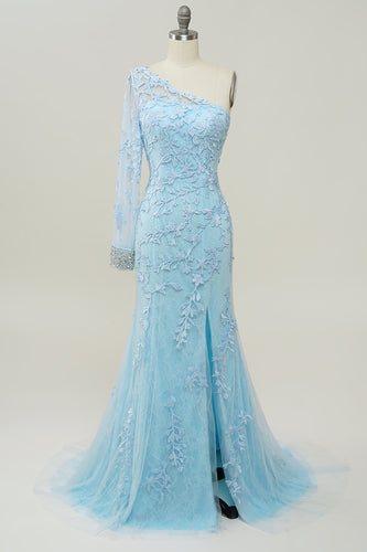 Himmelblau Eine Schulter Meerjungfrau Ballkleid mit Applikationen