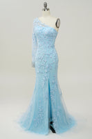 Laden Sie das Bild in den Galerie-Viewer, Himmelblau Eine Schulter Meerjungfrau Ballkleid mit Applikationen