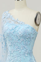 Laden Sie das Bild in den Galerie-Viewer, Himmelblau Eine Schulter Meerjungfrau Ballkleid mit Applikationen