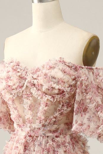 Elfenbein Rote Blume Schulterfreies Ballkleid