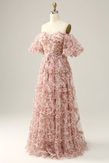 Elfenbein Rote Blume Schulterfreies Ballkleid
