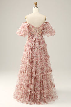 Elfenbein Rote Blume Schulterfreies Ballkleid