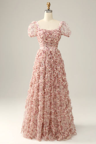 Elfenbein rote Blume Quadratischer Ausschnitt Ballkleid