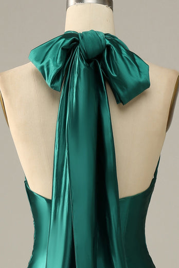 Dunkelgrünes Neckholder Schnürung Meerjungfrau Ballkleid mit Schlitz