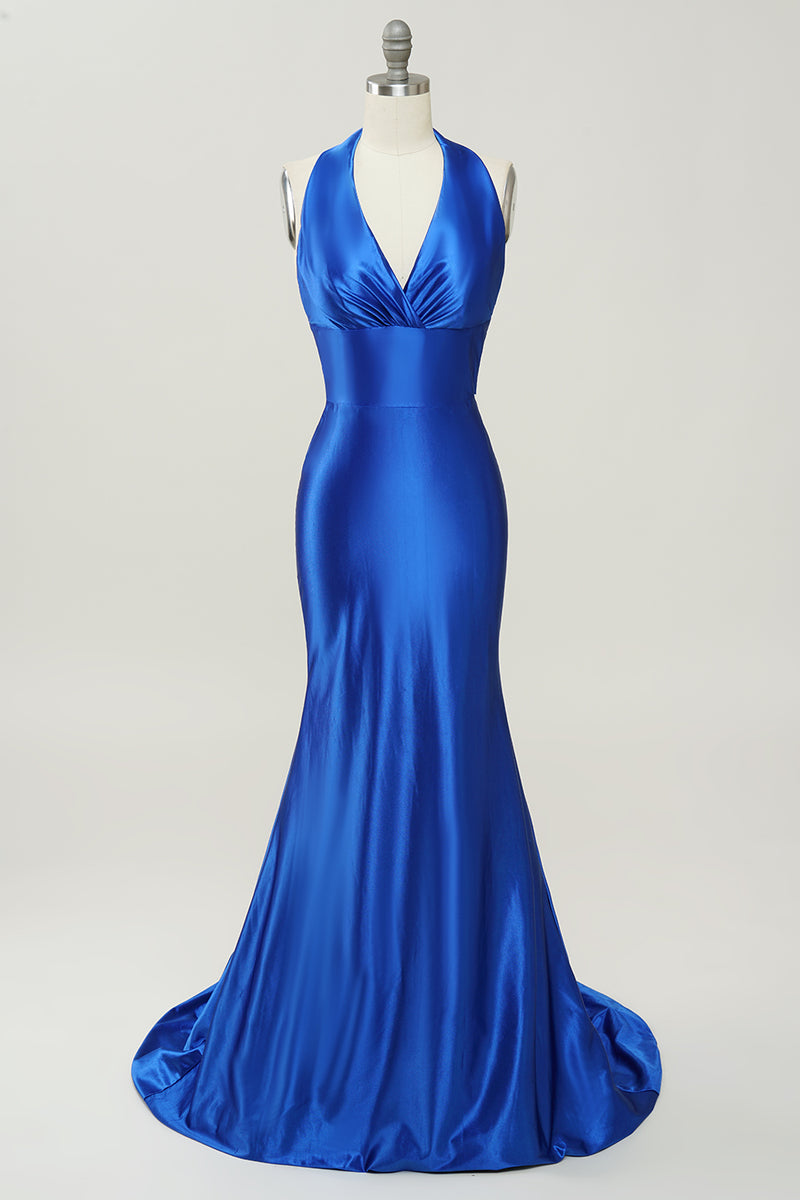Laden Sie das Bild in den Galerie-Viewer, Königsblaues Neckholder Rückenfreies Abendkleid