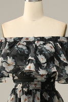 Laden Sie das Bild in den Galerie-Viewer, Abnehmbare trägerloses schwarze Blume Schulterfreies Ballkleid