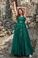 Laden Sie das Bild in den Galerie-Viewer, A Linie Spaghettiträger Dunkelgrünes Langes Ballkleid mit Applikationen