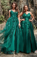 Laden Sie das Bild in den Galerie-Viewer, A Linie Spaghettiträger Dunkelgrünes Langes Ballkleid mit Applikationen