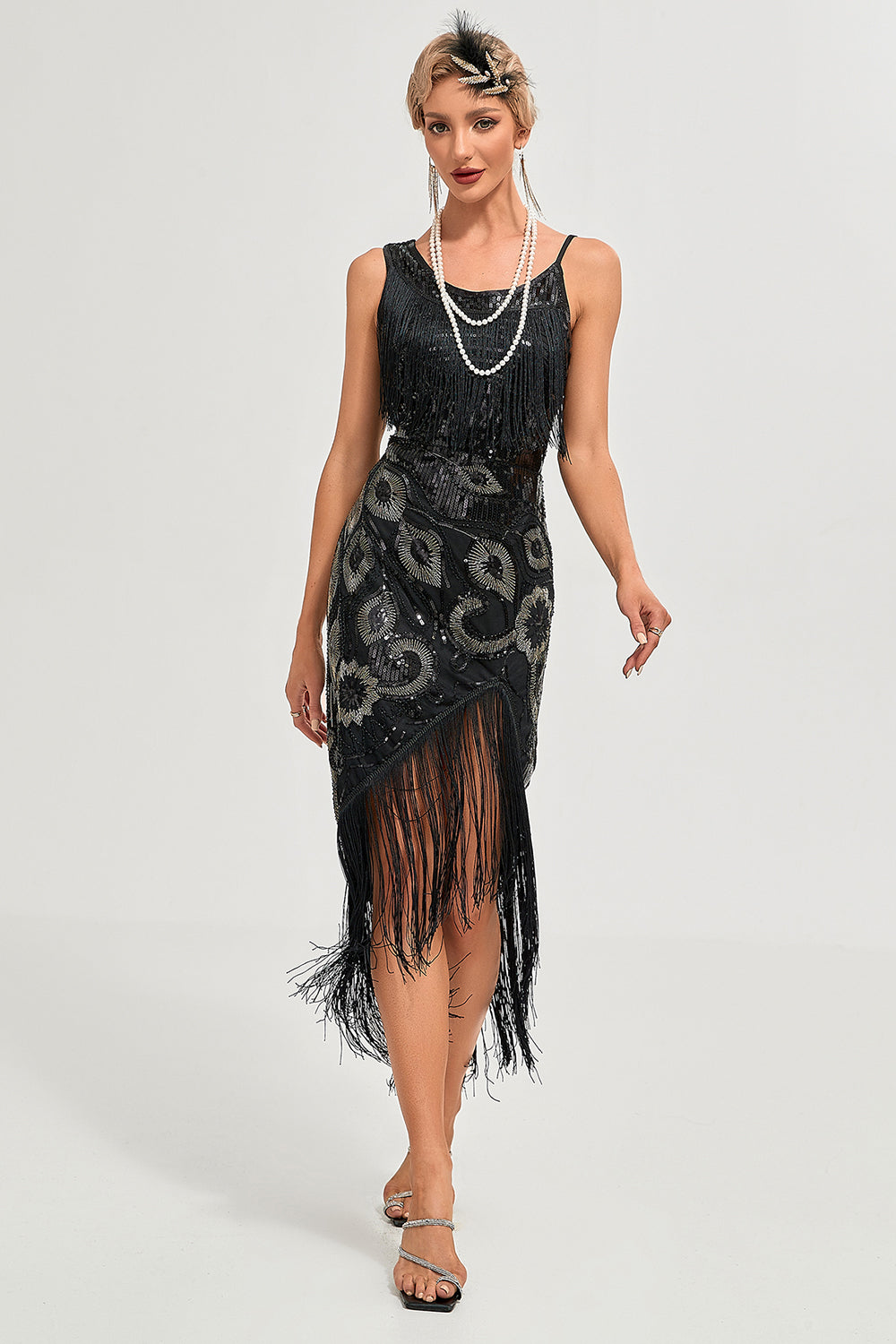 Schwarzes Spaghettiträger-Gatsby-Flapper-Kleid mit Fransen
