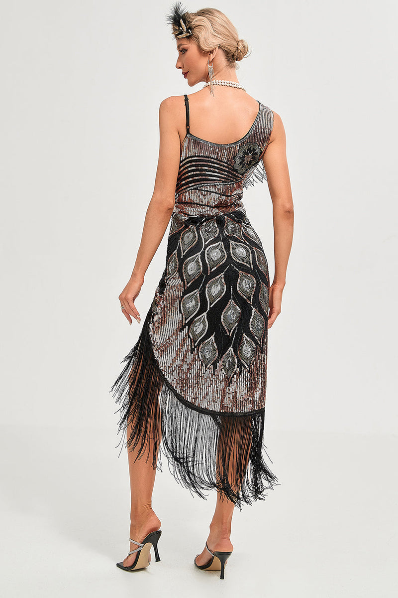 Laden Sie das Bild in den Galerie-Viewer, Schwarzes Spaghettiträger-Gatsby-Flapper-Kleid mit Fransen