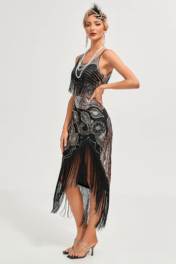 Schwarzes Spaghettiträger-Gatsby-Flapper-Kleid mit Fransen