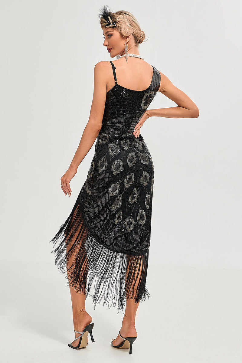 Laden Sie das Bild in den Galerie-Viewer, Schwarzes Spaghettiträger-Gatsby-Flapper-Kleid mit Fransen