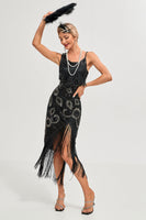 Laden Sie das Bild in den Galerie-Viewer, Schwarzes Spaghettiträger-Gatsby-Flapper-Kleid mit Fransen