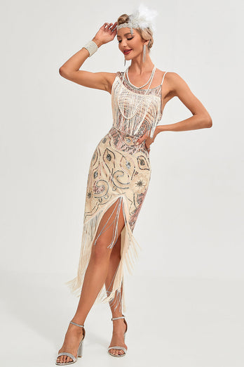 Schwarzes Spaghettiträger-Gatsby-Flapper-Kleid mit Fransen