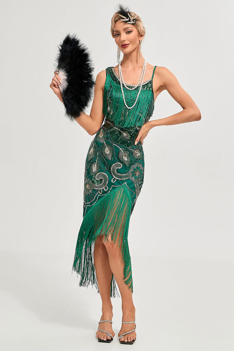 Laden Sie das Bild in den Galerie-Viewer, Schwarzes Spaghettiträger-Gatsby-Flapper-Kleid mit Fransen