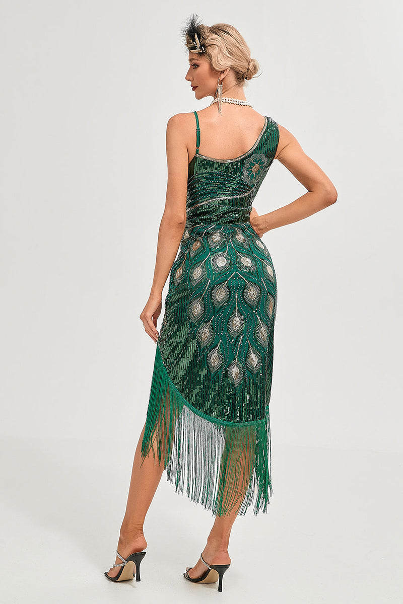 Laden Sie das Bild in den Galerie-Viewer, Schwarzes Spaghettiträger-Gatsby-Flapper-Kleid mit Fransen