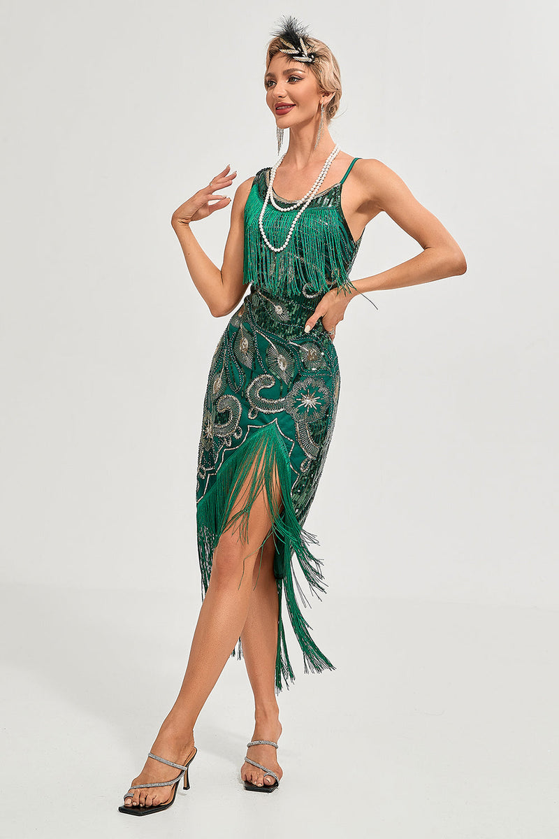 Laden Sie das Bild in den Galerie-Viewer, Schwarzes Spaghettiträger-Gatsby-Flapper-Kleid mit Fransen