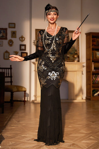 Homrain Damen Glitzer Schwarz 1920er Flapper Kleid V-Ausschnitt lange Ärmel Vintage Kleid mit Fransen