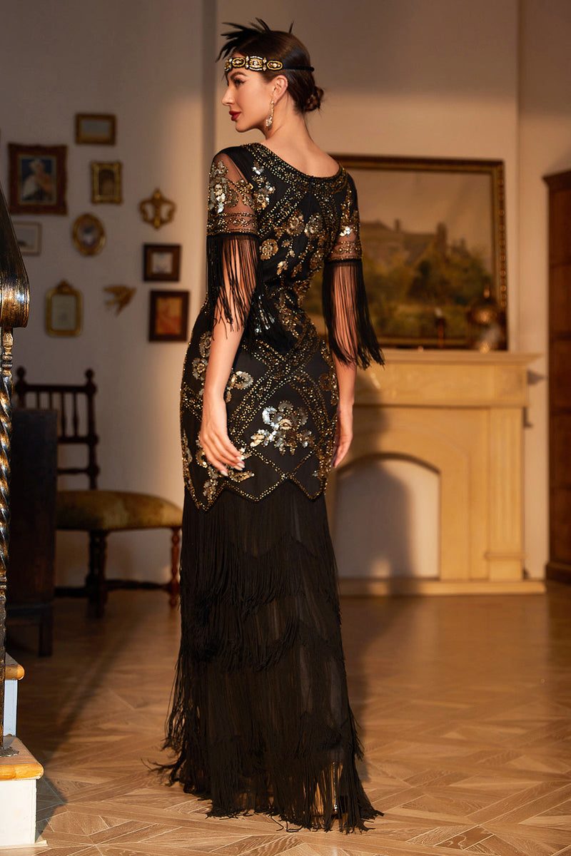 Laden Sie das Bild in den Galerie-Viewer, Etui V-Ausschnitt Dunkelgrün Pailletten Langes 1920er Jahre Flapper Kleid mit Fransen
