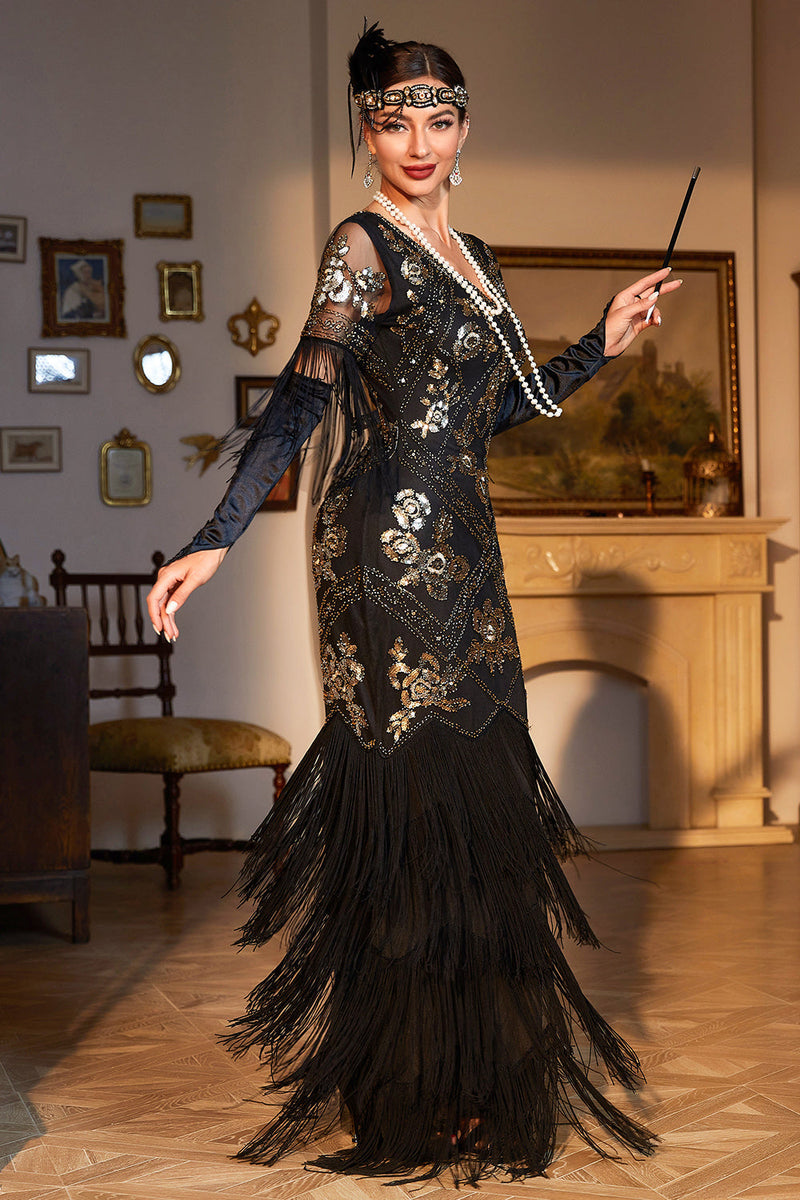 Laden Sie das Bild in den Galerie-Viewer, Etui V-Ausschnitt Dunkelgrün Pailletten Langes 1920er Jahre Flapper Kleid mit Fransen