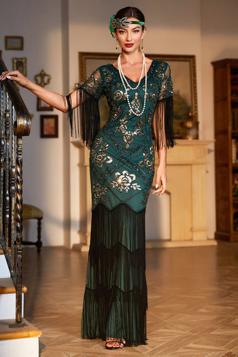 Homrain Damen Glitzer Dunkelgrün 1920er Flapper Kleid V-Ausschnitt lange Ärmel Vintage Kleid mit Fransen