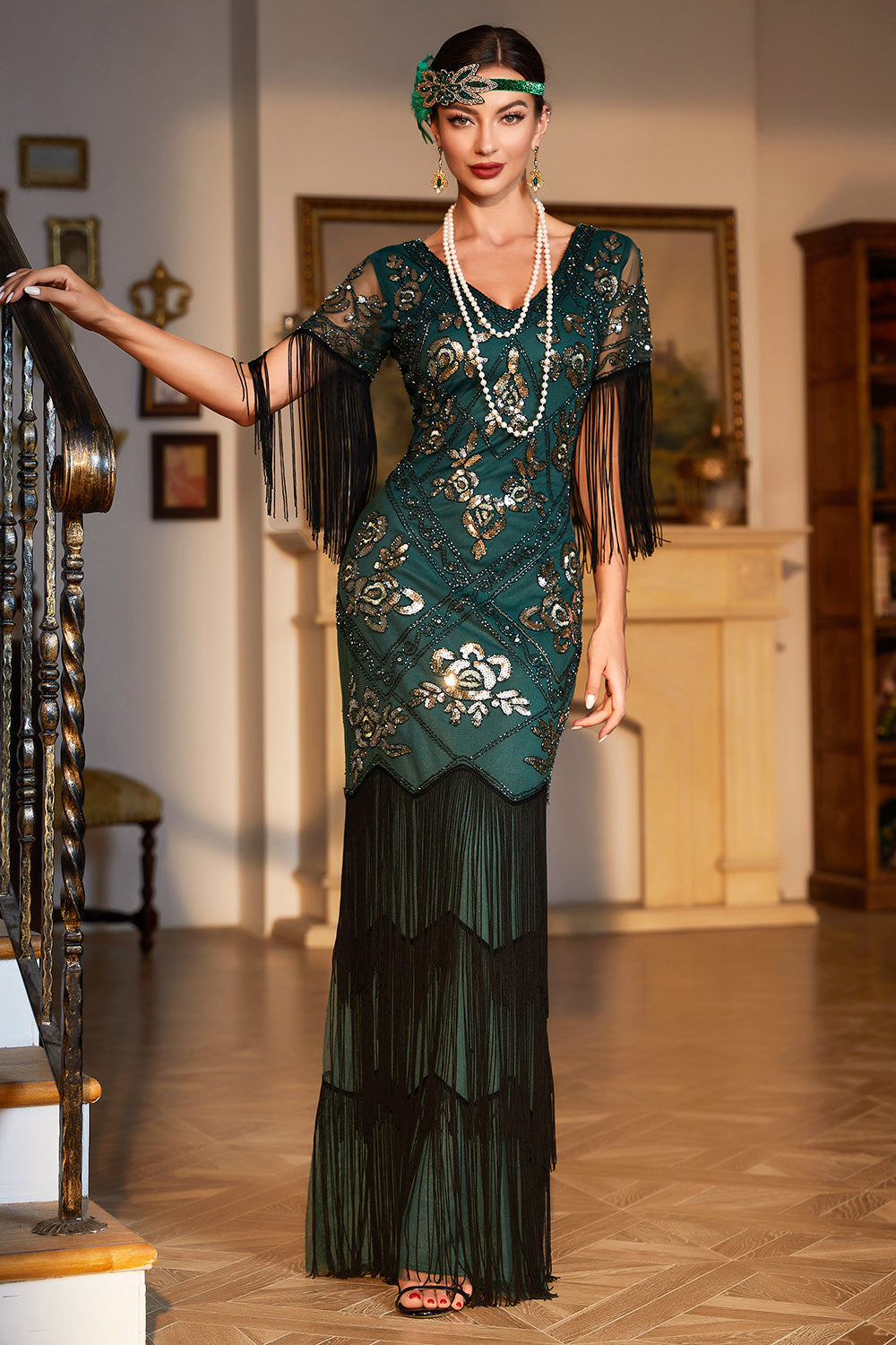 Homrain Damen Glitzer Dunkelgrün 1920er Flapper Kleid V-Ausschnitt lange Ärmel Vintage Kleid mit Fransen