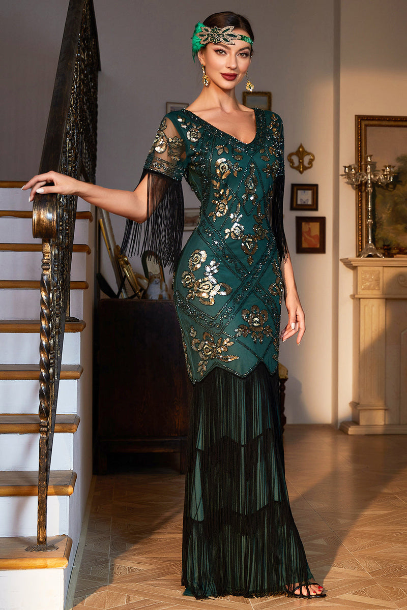 Laden Sie das Bild in den Galerie-Viewer, Etui V-Ausschnitt Dunkelgrün Pailletten Langes 1920er Jahre Flapper Kleid mit Fransen
