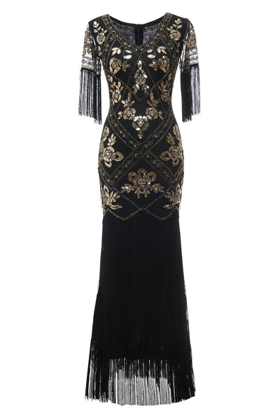 Homrain Damen Schwarz 1920er Flapper Kleid V-Ausschnitt lange Ärmel Vintage Kleid mit Fransen