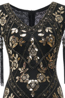 Laden Sie das Bild in den Galerie-Viewer, Schwarzes langes Flapper-Kleid mit V-Ausschnitt aus den 1920er Jahren und Pailletten und Fransen