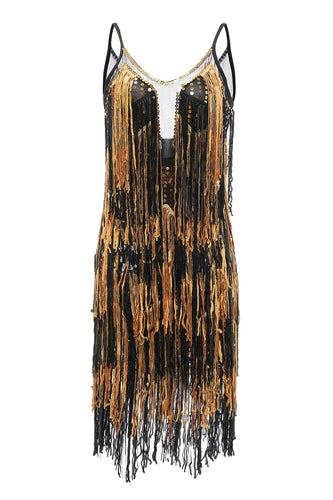 Schwarzes goldenes Fransenkleid aus den 1920er Jahren mit Pailletten