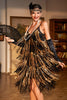 Laden Sie das Bild in den Galerie-Viewer, Spaghettiträger Schwarz Goldenes Kleid aus den 1920er Jahren mit Fransen