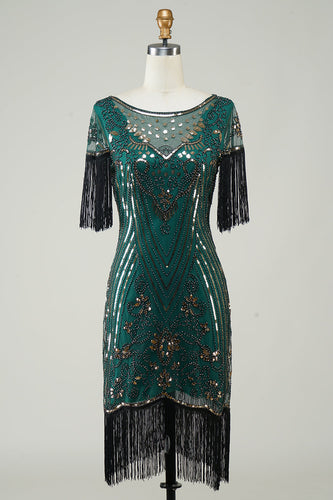 Dunkelgrünes 1920er Jahre Pailletten Flapper Kleid mit Fransen