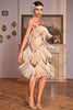 Laden Sie das Bild in den Galerie-Viewer, Spaghettiträger Champagner Pailletten 1920er Jahre Kleid mit Fransen