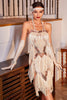 Laden Sie das Bild in den Galerie-Viewer, Spaghettiträger Champagner Pailletten 1920er Jahre Kleid mit Fransen