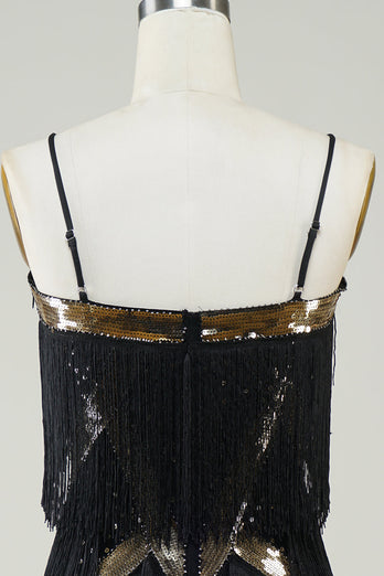 Schwarzes Spaghettiträger 1920er Jahre Paillettenkleid mit Fransen