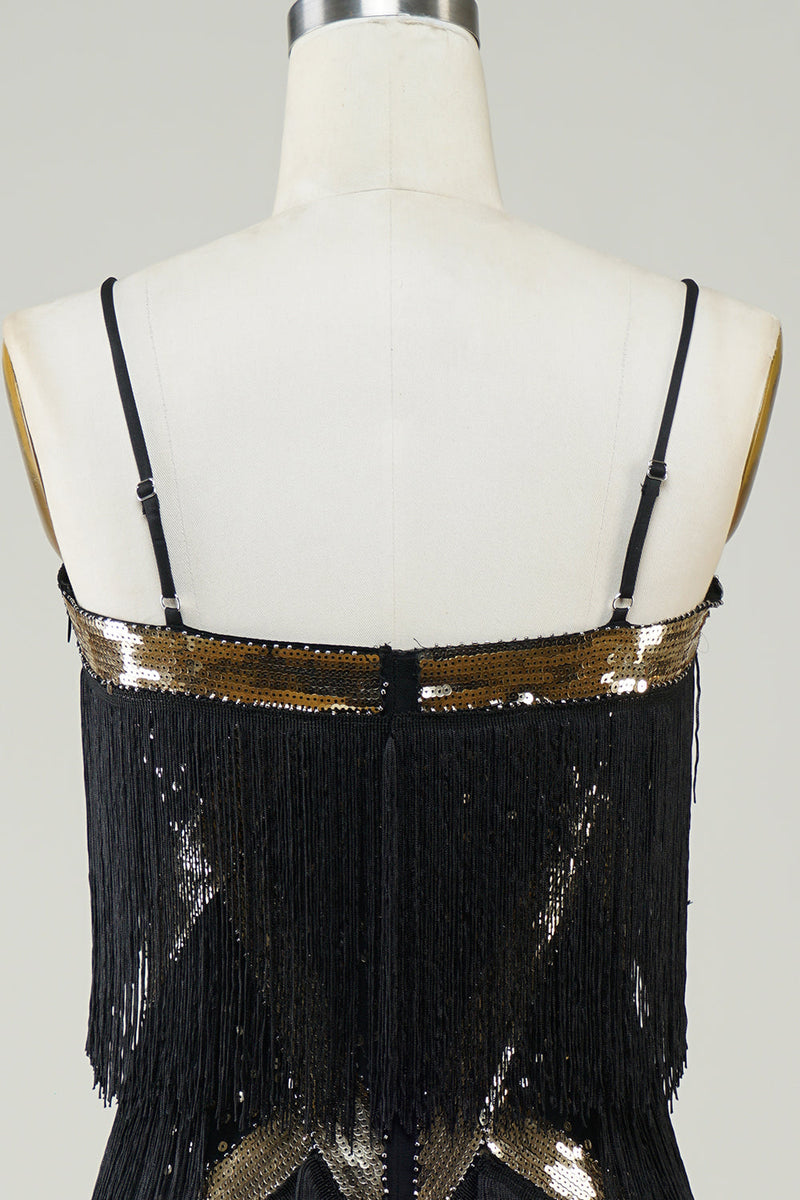 Laden Sie das Bild in den Galerie-Viewer, Schwarzes Spaghettiträger 1920er Jahre Paillettenkleid mit Fransen