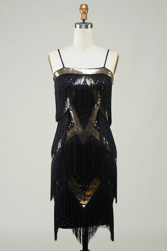 Schwarzes Spaghettiträger 1920er Jahre Paillettenkleid mit Fransen