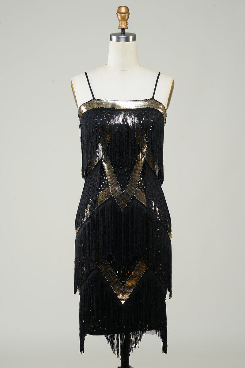 Laden Sie das Bild in den Galerie-Viewer, Schwarzes Spaghettiträger 1920er Jahre Paillettenkleid mit Fransen