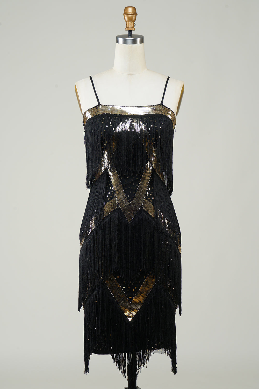 Schwarzes Spaghettiträger 1920er Jahre Paillettenkleid mit Fransen
