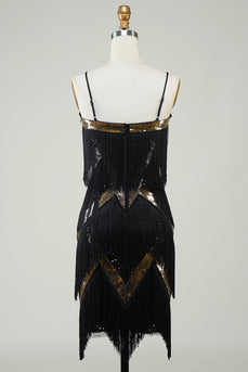 Schwarzes Spaghettiträger 1920er Jahre Paillettenkleid mit Fransen