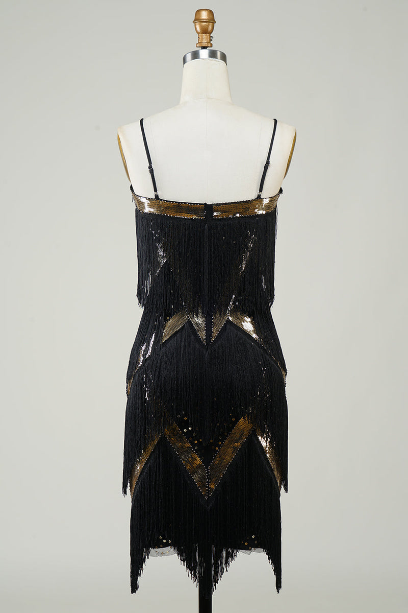 Laden Sie das Bild in den Galerie-Viewer, Schwarzes Spaghettiträger 1920er Jahre Paillettenkleid mit Fransen