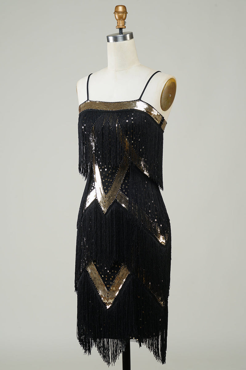 Laden Sie das Bild in den Galerie-Viewer, Schwarzes Spaghettiträger 1920er Jahre Paillettenkleid mit Fransen